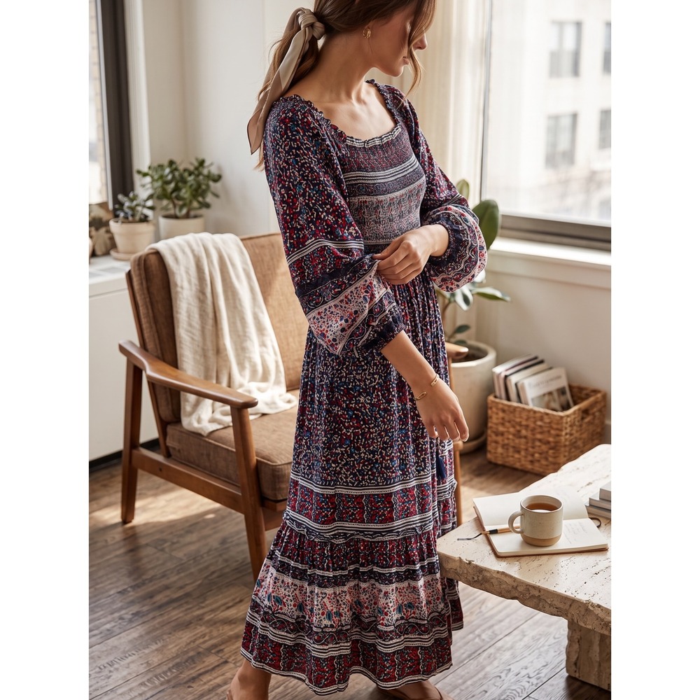 Boho Bell Alicia Bell Silk Blend Block Print Smocked Midi Dress S Tiered Floral
